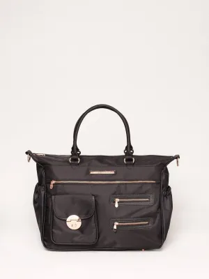 Black Nylon Pocket And Zip Baby Bag With Rose Gold Hardware