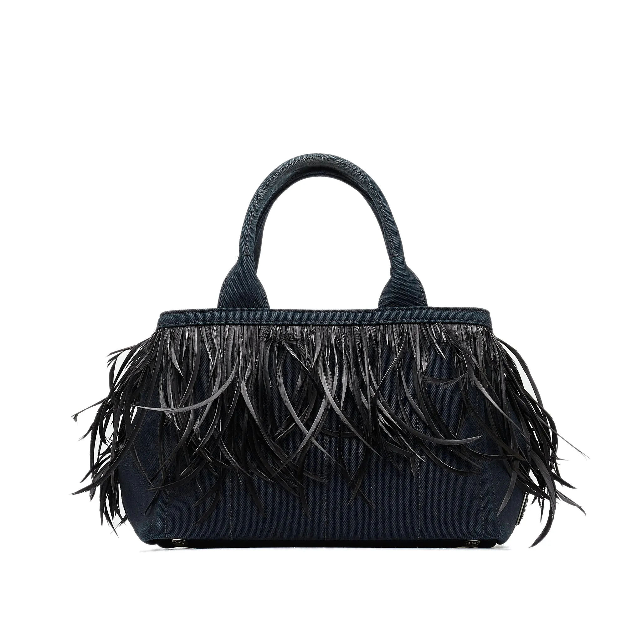 Black Prada Mini Canapa Convertible Canvas and Feather Tote Satchel