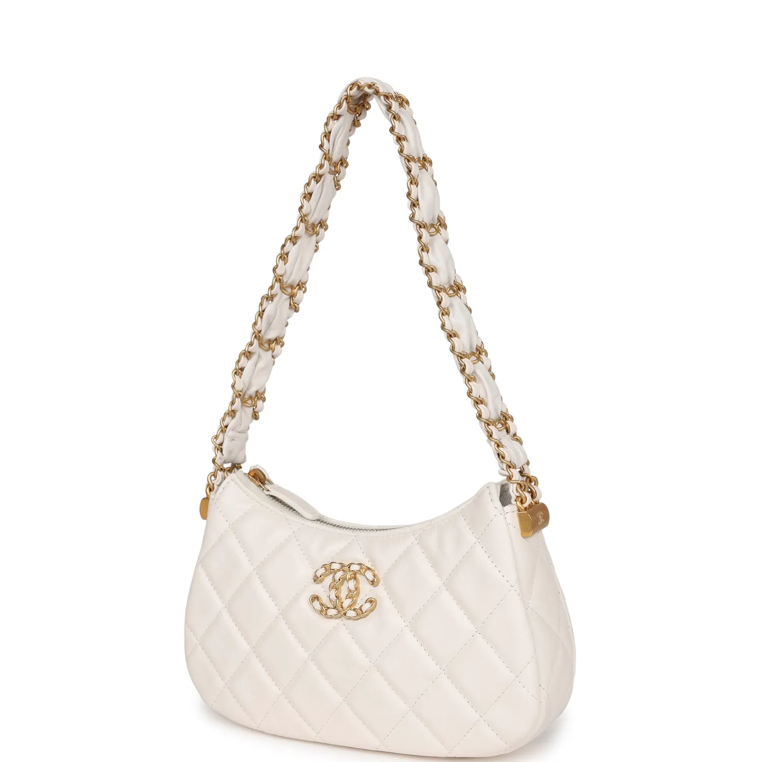 Chanel 19 Hobo Bag White Aged Calfskin Brushed Gold Hardware