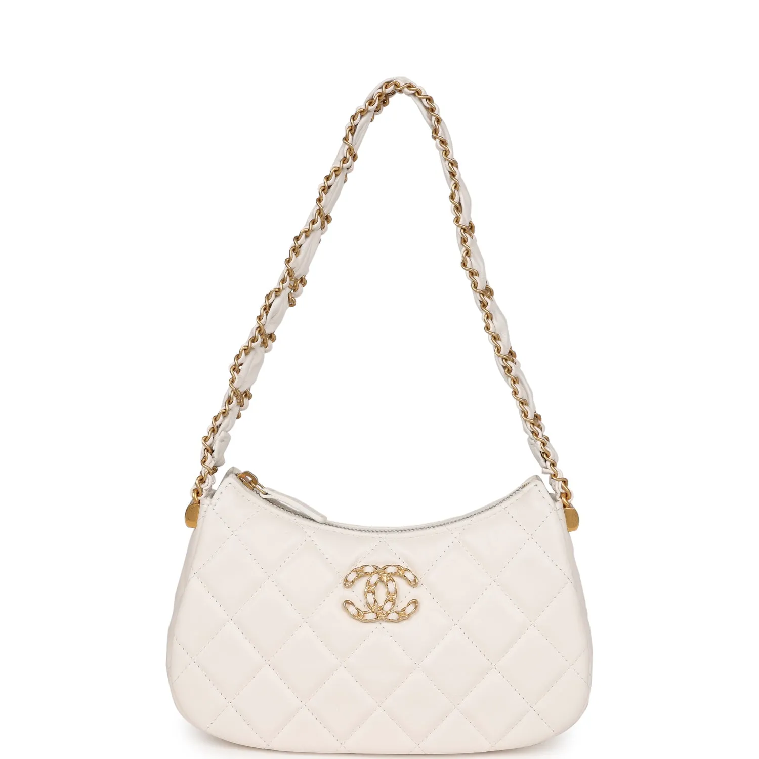 Chanel 19 Hobo Bag White Aged Calfskin Brushed Gold Hardware