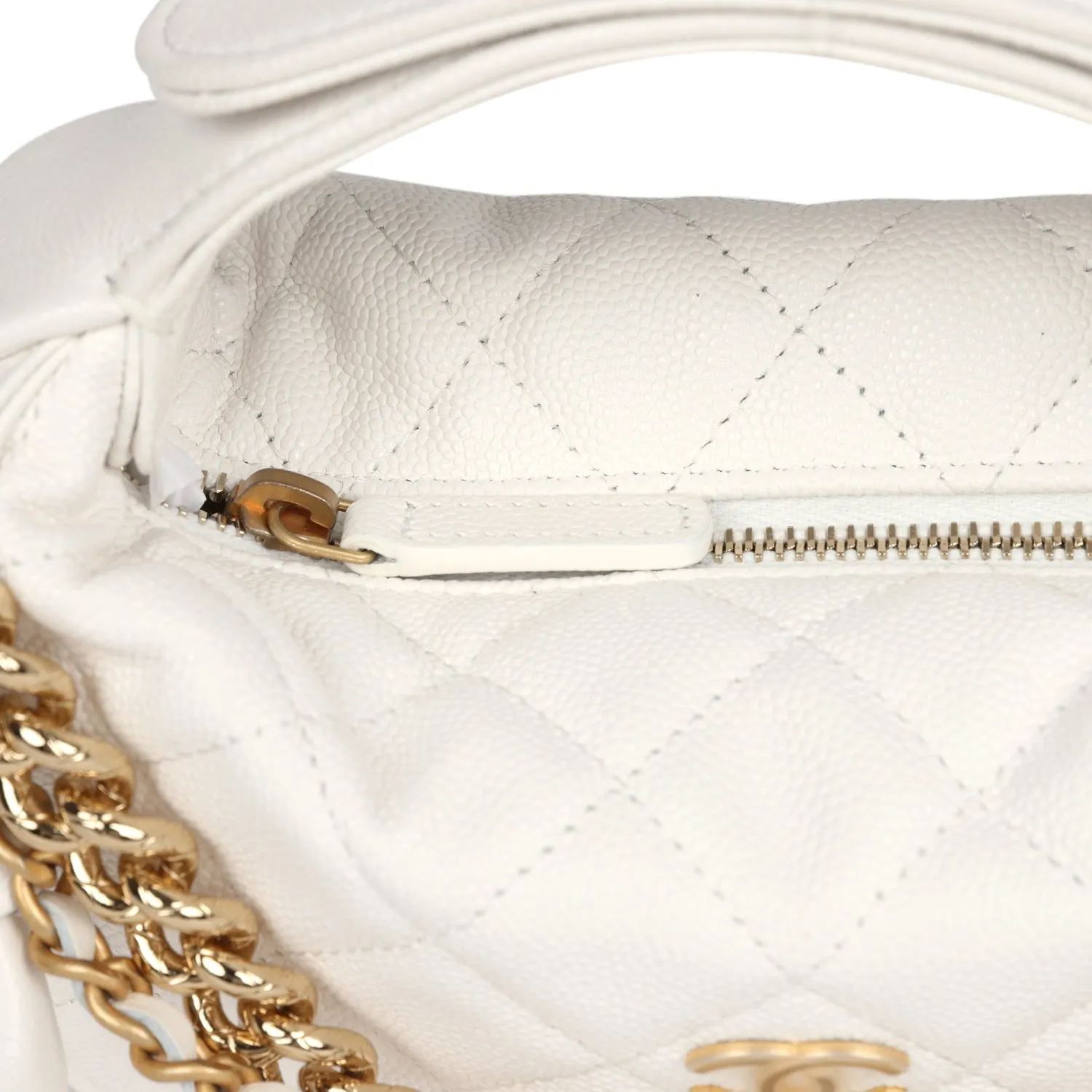 Chanel Mini Round Hobo Pouch Bag White Caviar Antique Gold Hardware