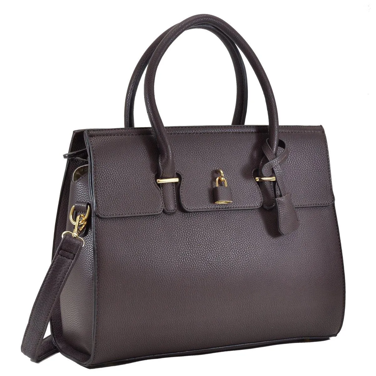 Dasein Faux Leather Padlock Satchel with Shoulder Strap