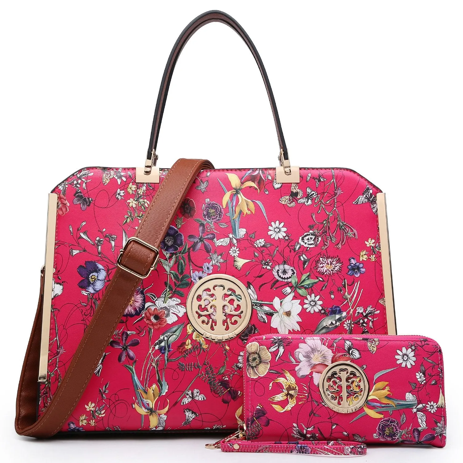 Floral Print Emblem Handbag with Matching Wallet