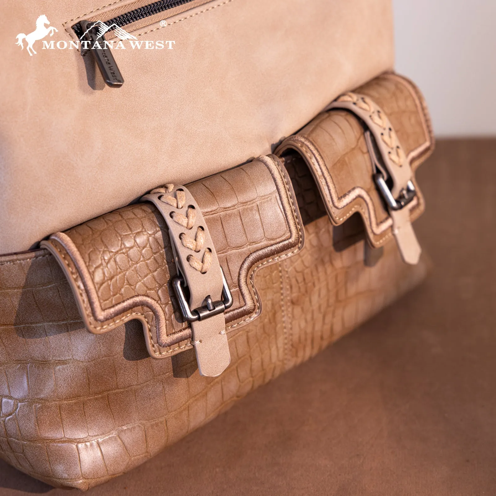 MW1286G-918 Montana West Croc Print Concealed Carry Hobo Tan