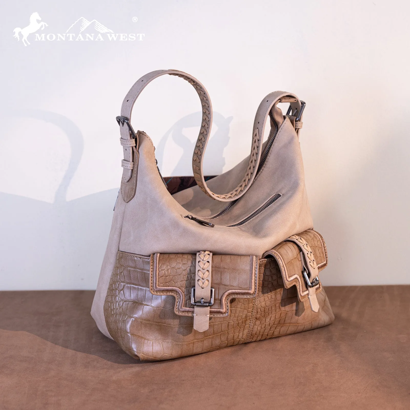 MW1286G-918 Montana West Croc Print Concealed Carry Hobo Tan