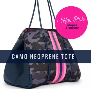 new Neoprene Tote Navy blue Camo   hot pink racing stripes   various: grey gray silver /aquamarine geode / pink/ Cheetah Leopard Deer