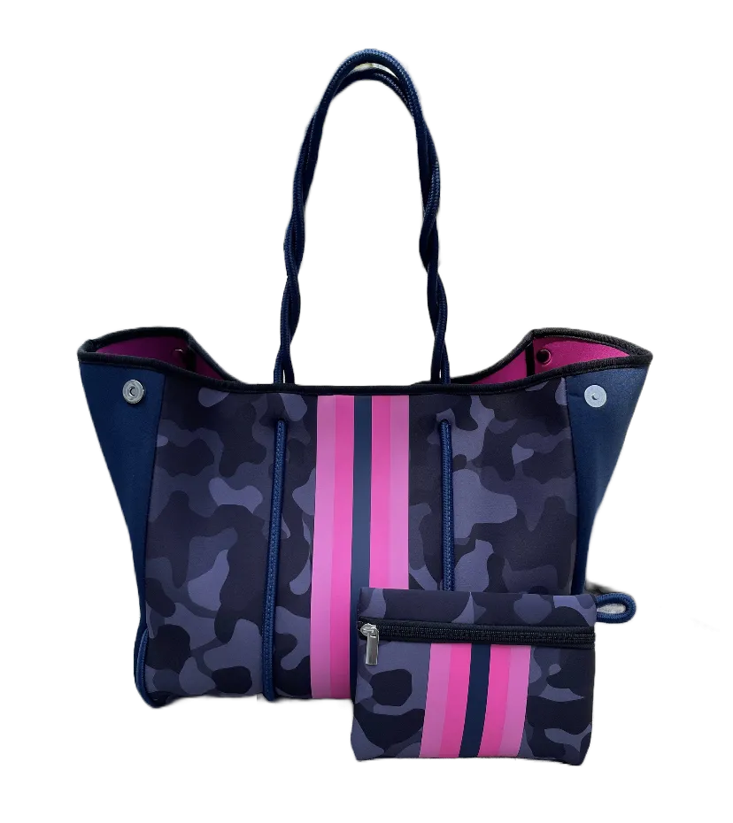 new Neoprene Tote Navy blue Camo   hot pink racing stripes   various: grey gray silver /aquamarine geode / pink/ Cheetah Leopard Deer