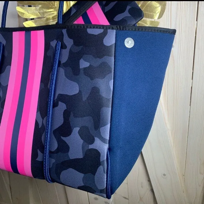 new Neoprene Tote Navy blue Camo   hot pink racing stripes   various: grey gray silver /aquamarine geode / pink/ Cheetah Leopard Deer