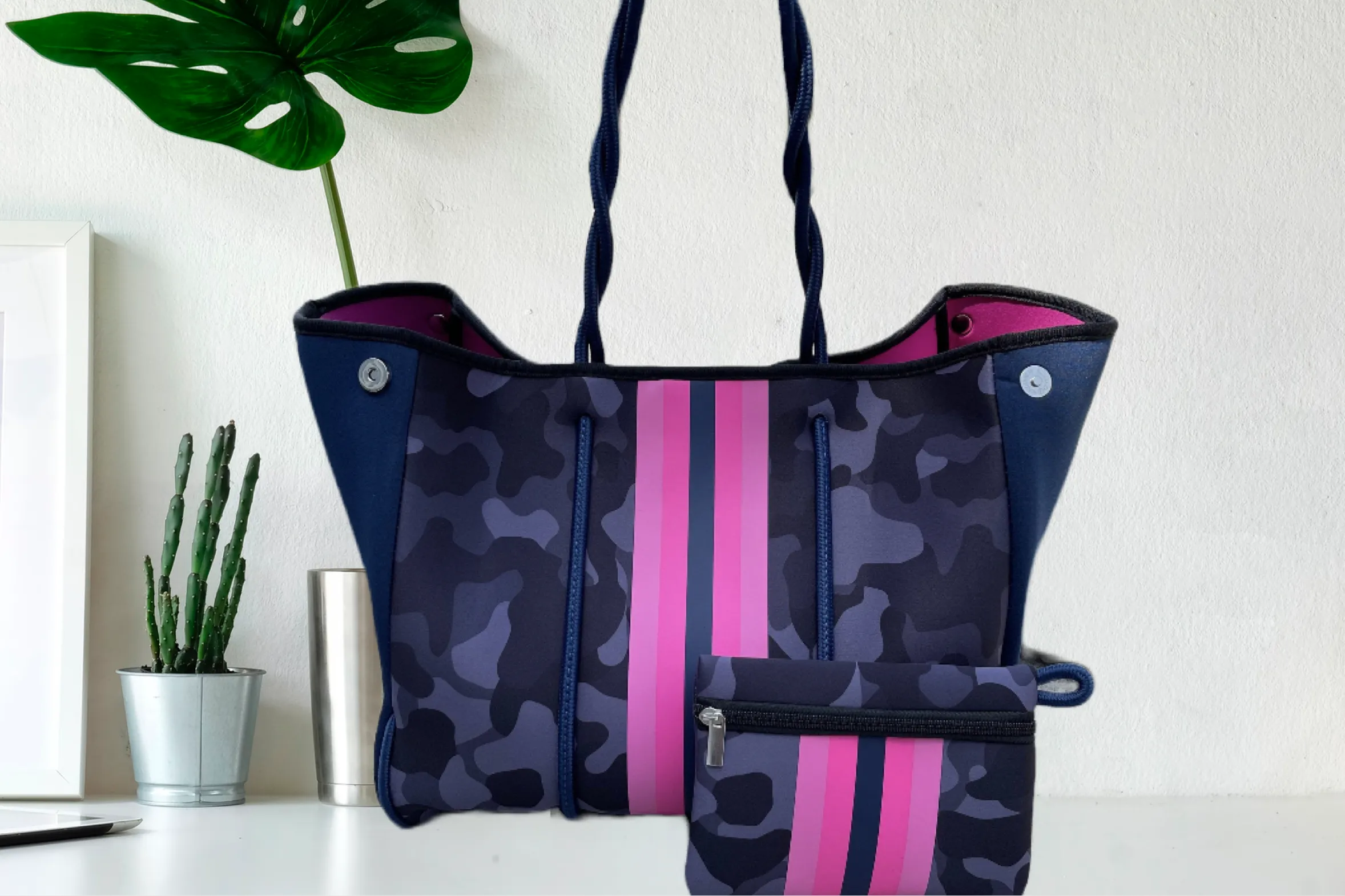 new Neoprene Tote Navy blue Camo   hot pink racing stripes   various: grey gray silver /aquamarine geode / pink/ Cheetah Leopard Deer