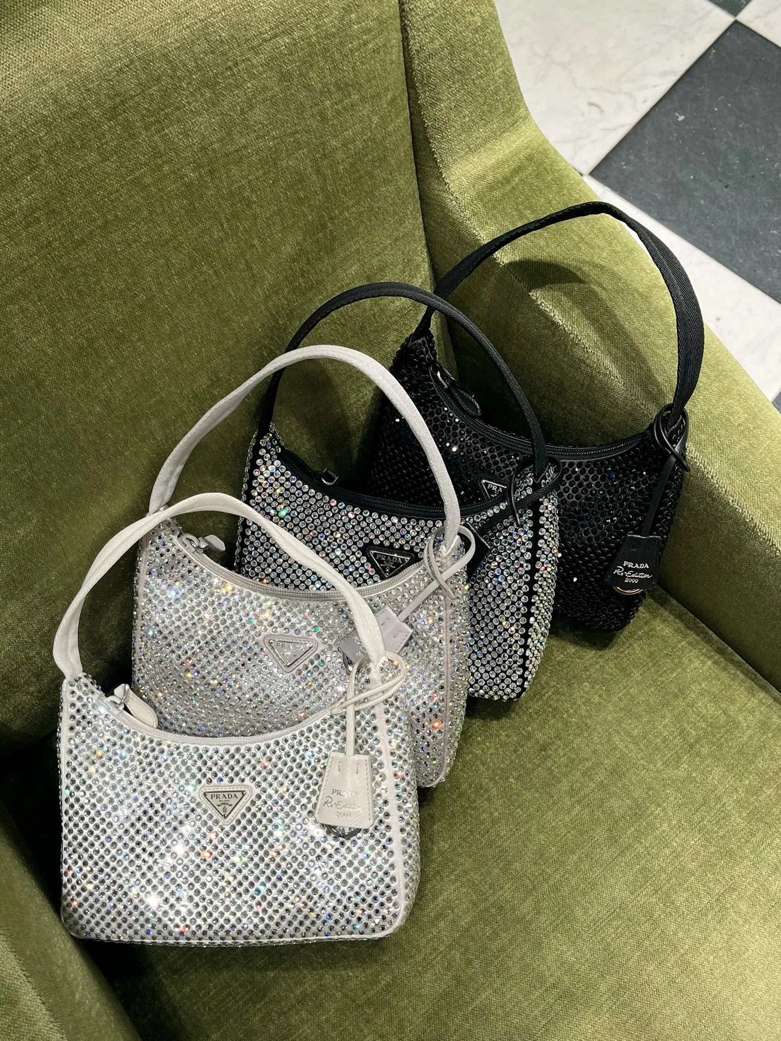 Prada Satin Bag With Crystals (Light Grey)