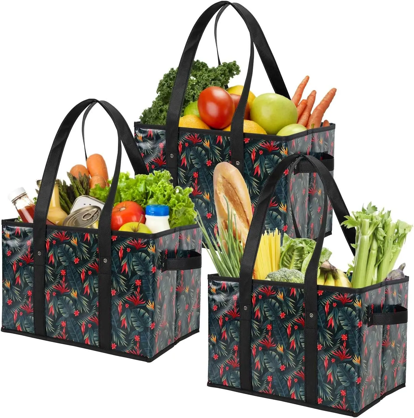 Reusable Grocery Bags Set Durable Heavy Duty Tote Bag Collapsible Grocery Shopping Box Bag with Reinforced Bottom, Pack of 3