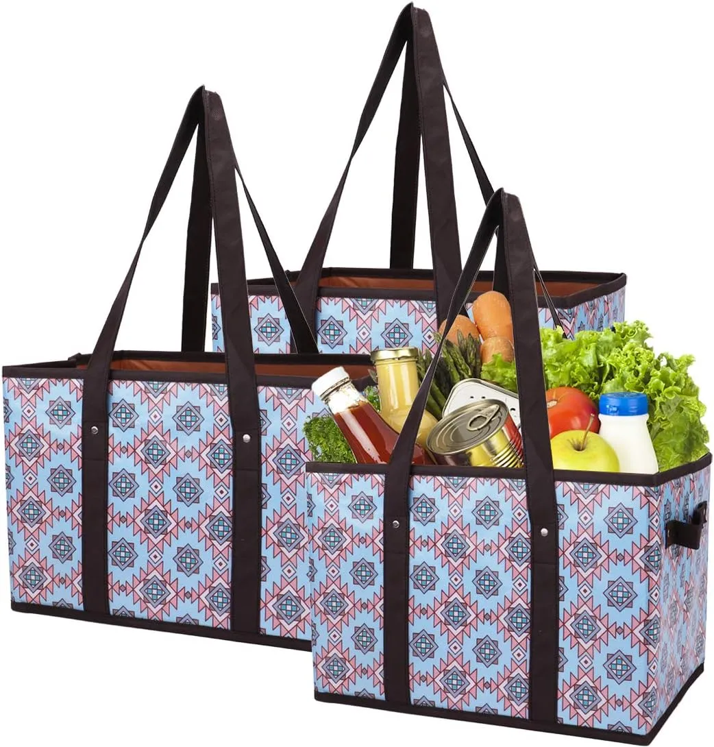 Reusable Grocery Bags Set Durable Heavy Duty Tote Bag Collapsible Grocery Shopping Box Bag with Reinforced Bottom, Pack of 3