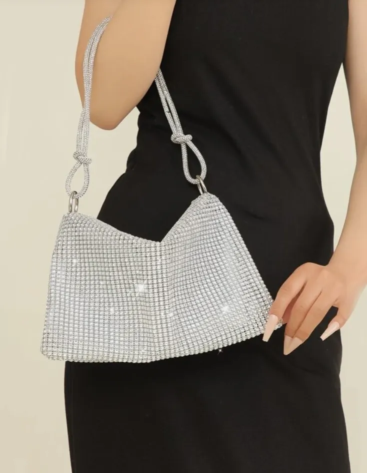 Rhinestone Decor Glitter Bling Silver Hobo Bag with Shoulder Strap