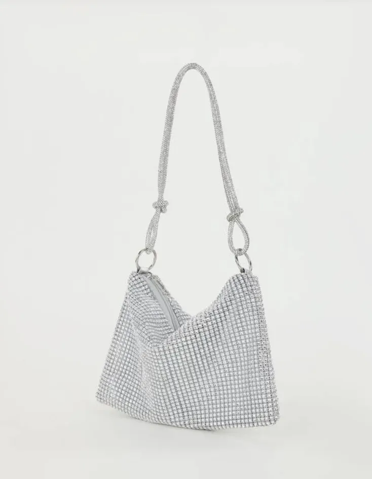 Rhinestone Decor Glitter Bling Silver Hobo Bag with Shoulder Strap