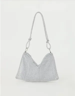 Rhinestone Decor Glitter Bling Silver Hobo Bag with Shoulder Strap