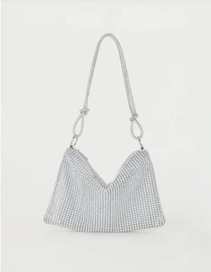 Rhinestone Decor Glitter Bling Silver Hobo Bag with Shoulder Strap