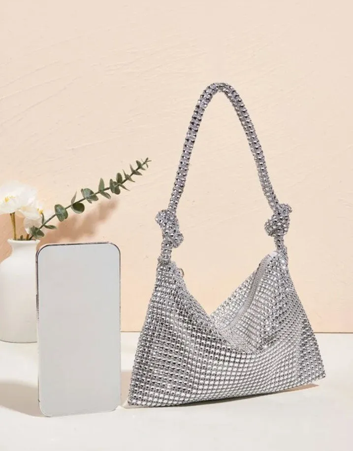 Rhinestone Decor Silver Glamorous Twisted Rope Hobo Bag