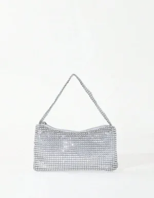 Silver Rhinestone-Adorned Glitter Shoulder Hobo Bag