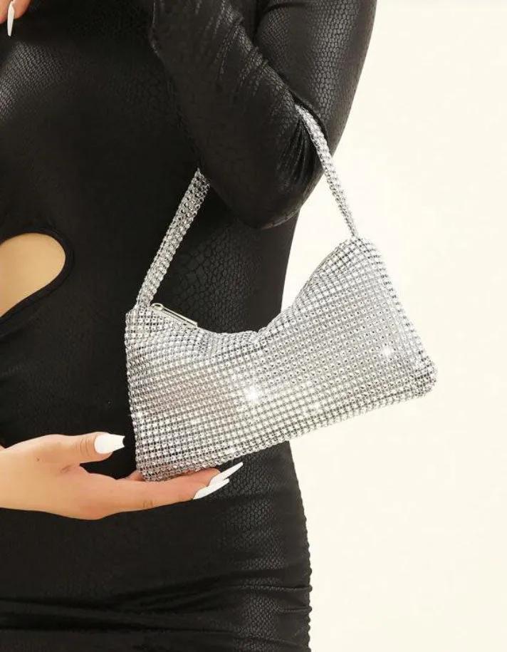 Silver Rhinestone-Adorned Glitter Shoulder Hobo Bag