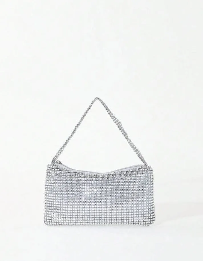 Silver Rhinestone-Adorned Glitter Shoulder Hobo Bag