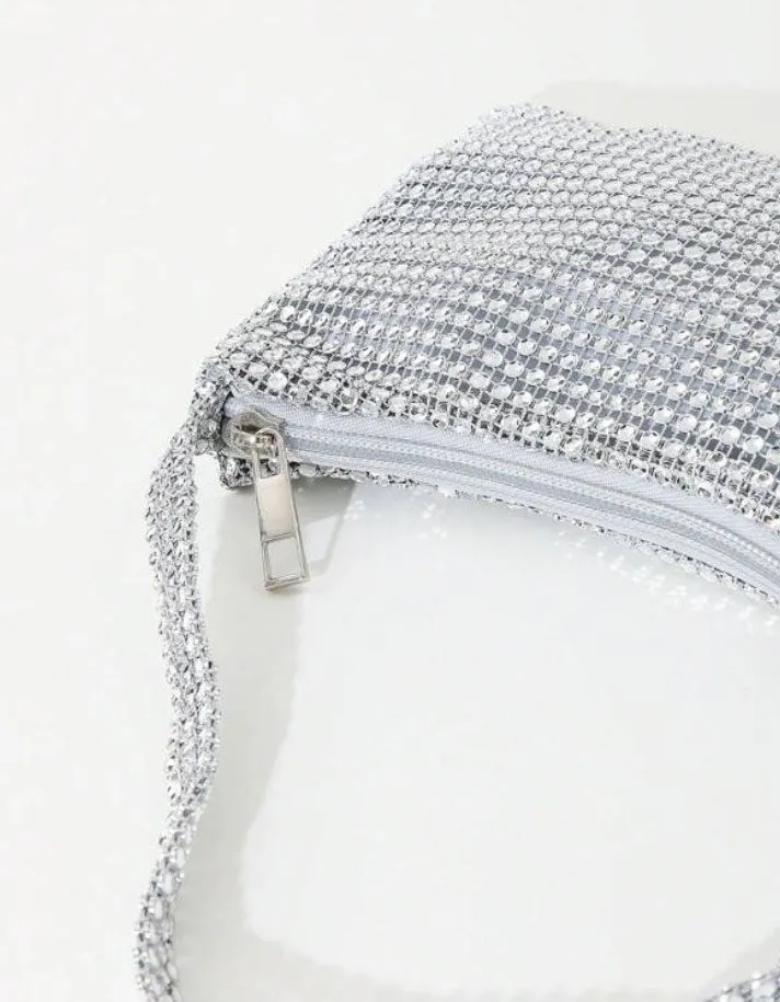 Silver Rhinestone-Adorned Glitter Shoulder Hobo Bag