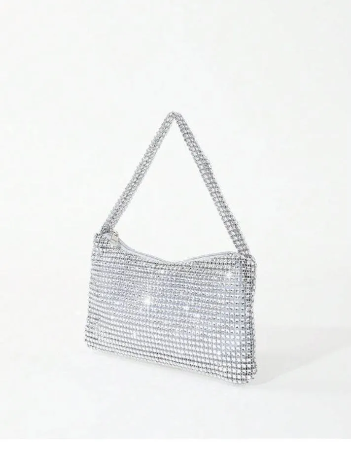 Silver Rhinestone-Adorned Glitter Shoulder Hobo Bag