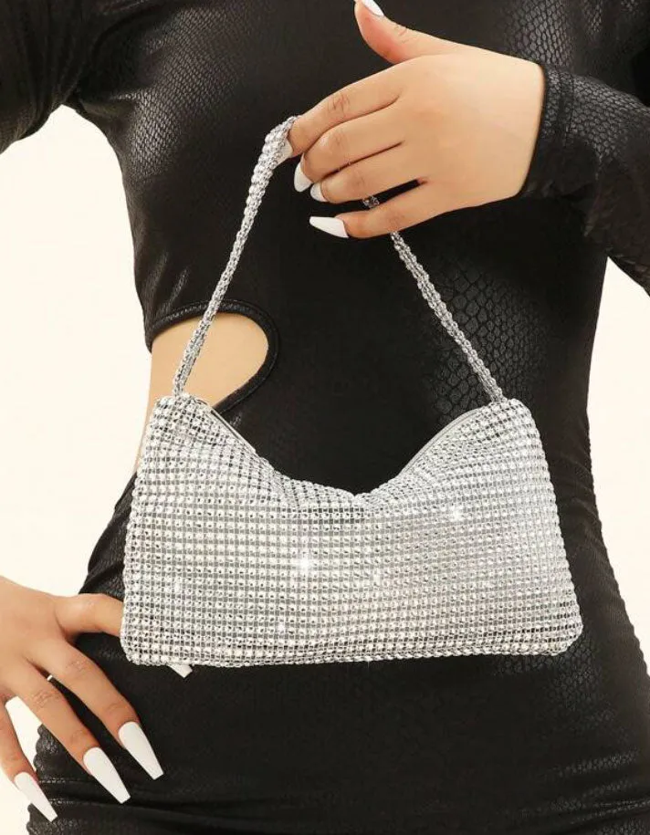 Silver Rhinestone-Adorned Glitter Shoulder Hobo Bag