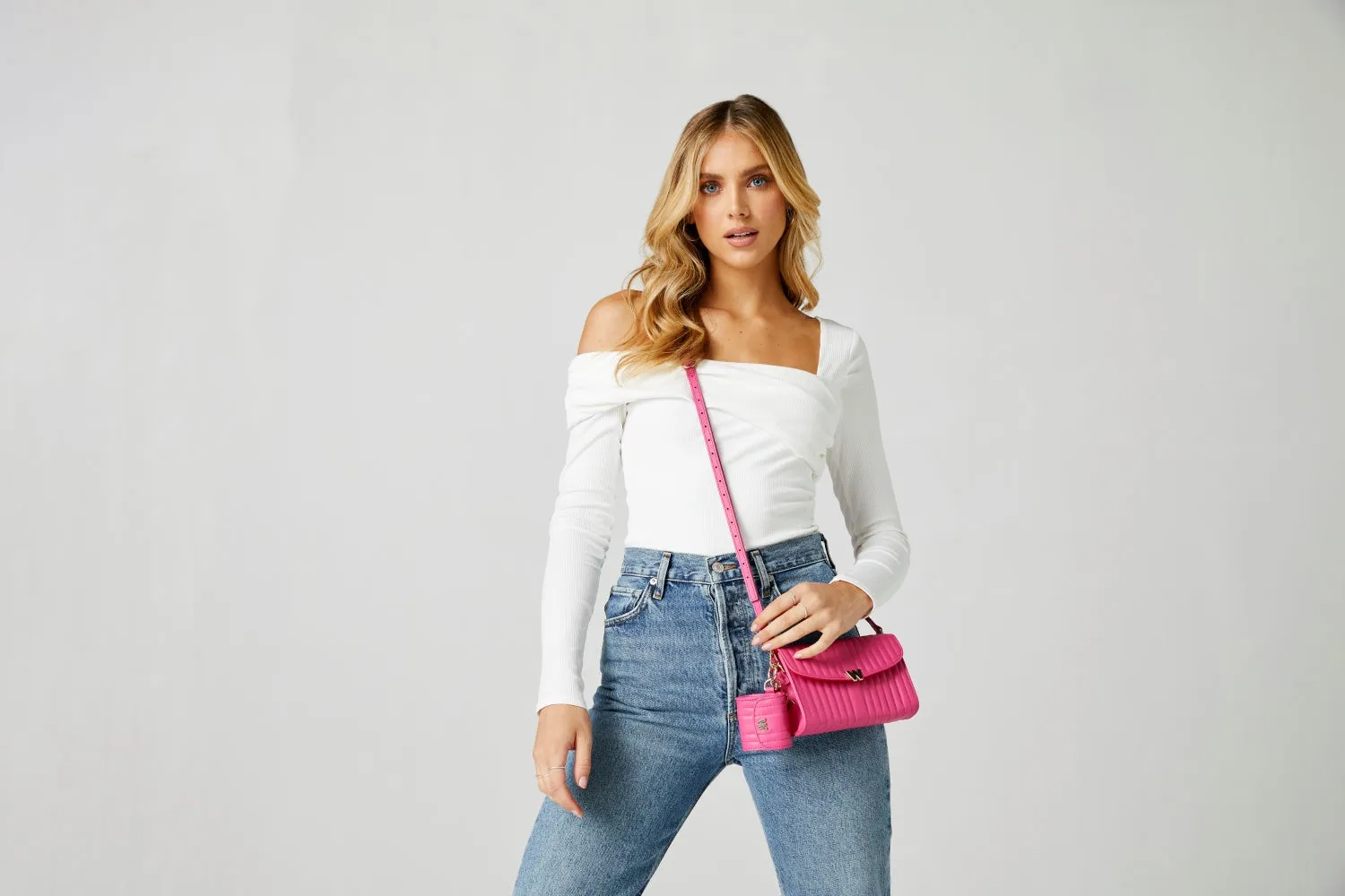 WOF Mimi Collection Leather Pink Mini Bag with Wristlet and Lanyard