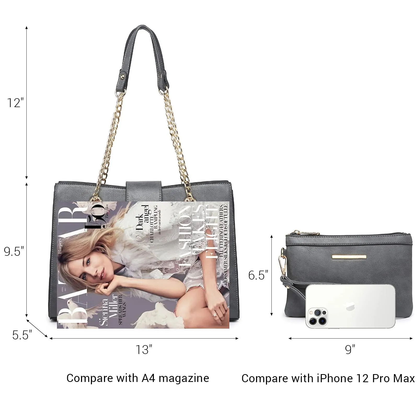 Women Fashion Chain Fashion Belt lock Tote Bags With Matching Clutch Dasein